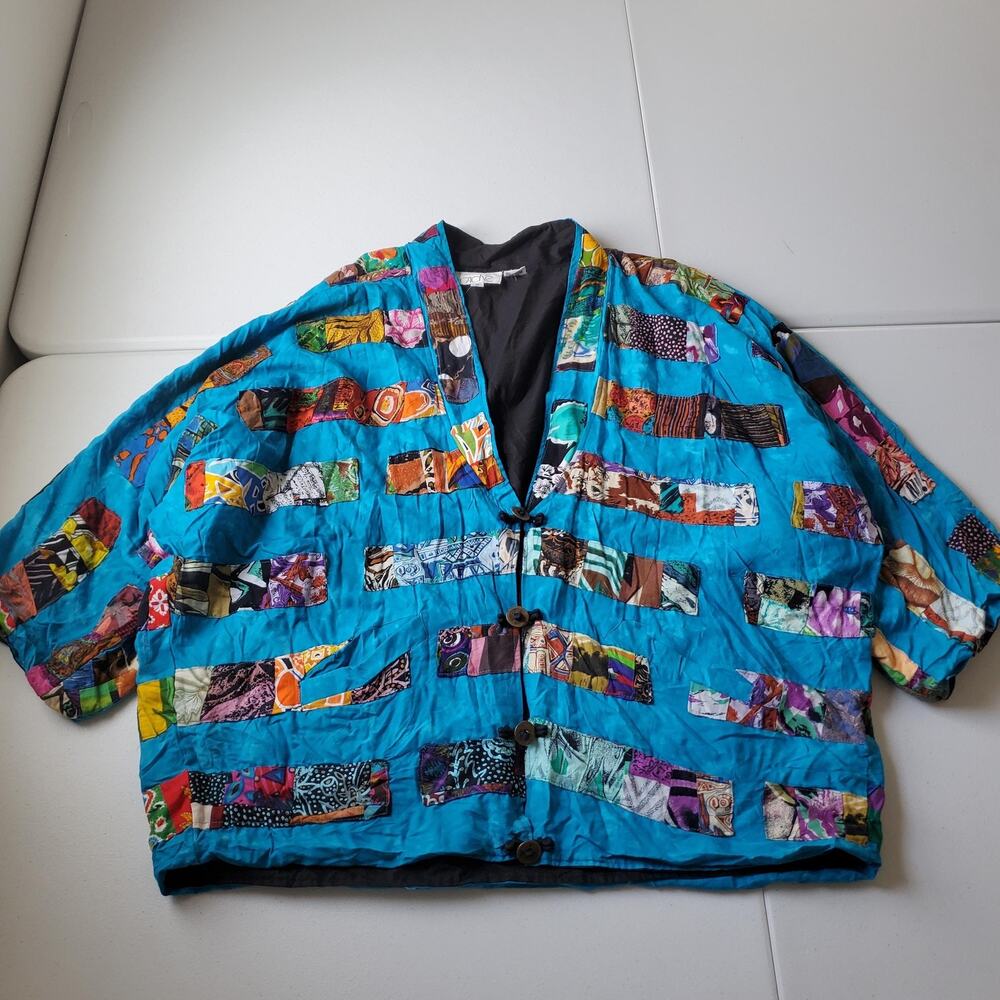 Cache Jacket Womens Medium Blue Quilted Patchwork Art Wear Boho Button Front